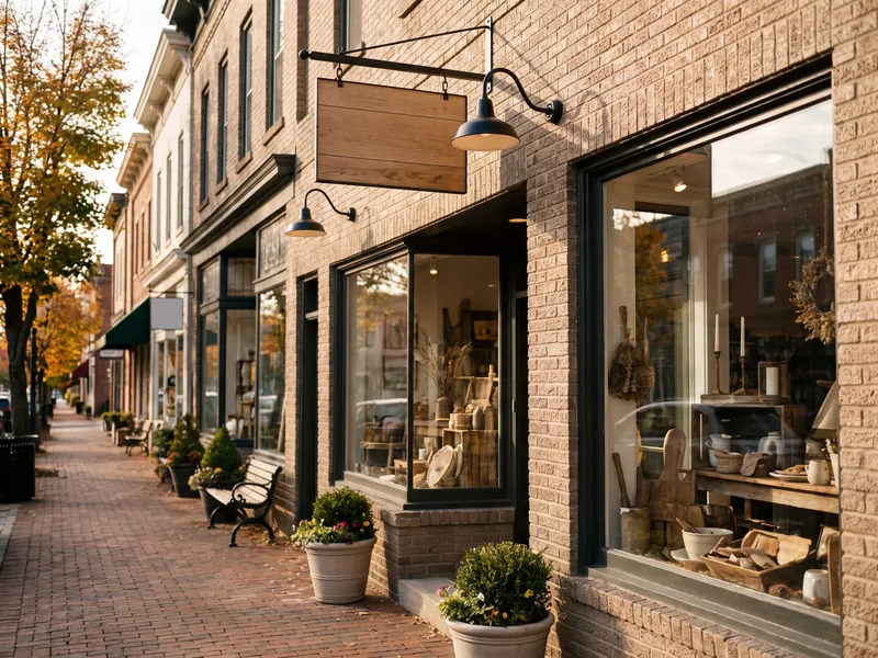 A borough main street storefront with a hanging sign lit by gooseneck lamps