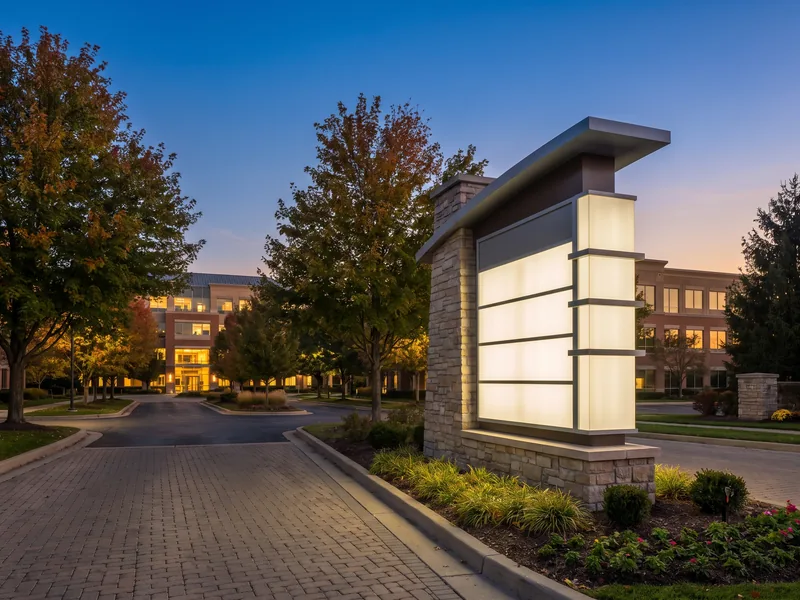 An illuminated monument sign at the landscaped entrance to a suburban office park