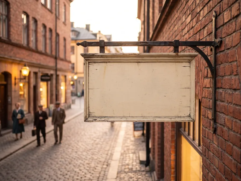 A double-sided blade sign projecting from a brick facade on a historic city block