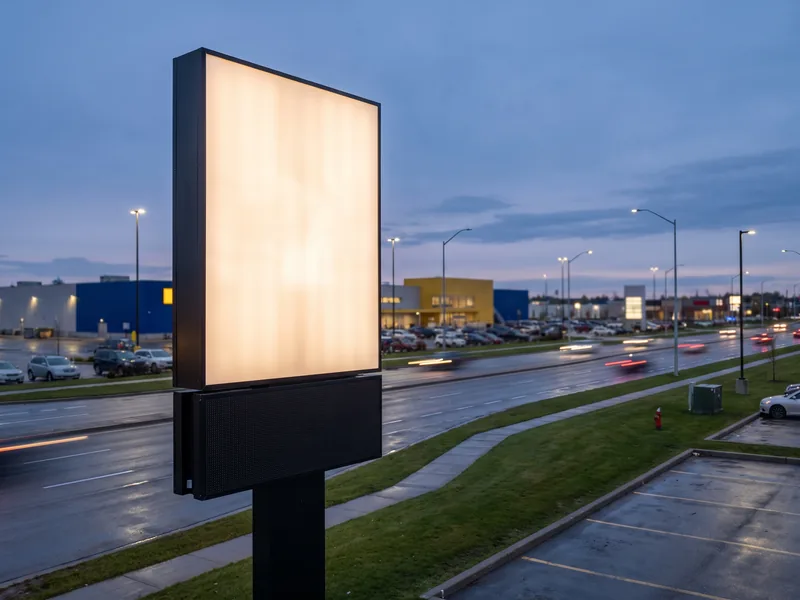 A tall roadside pylon sign with an LED panel along a suburban retail highway corridor