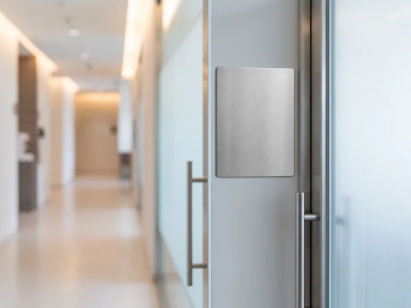 A brushed metal ADA suite sign beside a medical office door