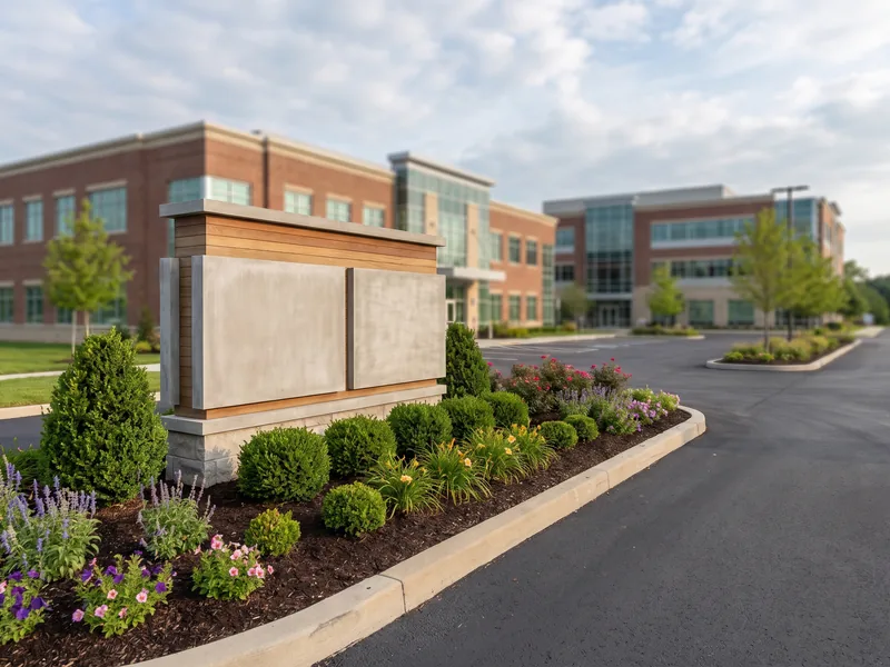 A monument sign with tenant panels at a landscaped medical office park entrance