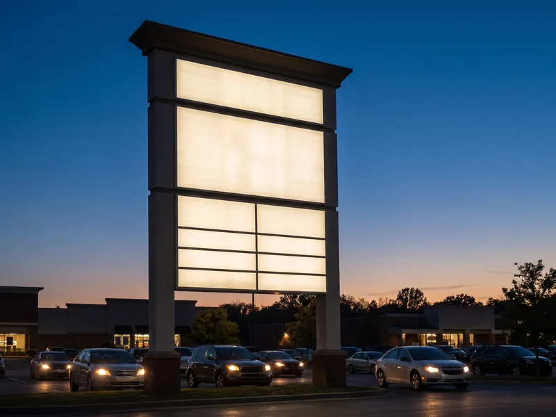 A multi-tenant pylon with a full column of illuminated tenant panels at dusk