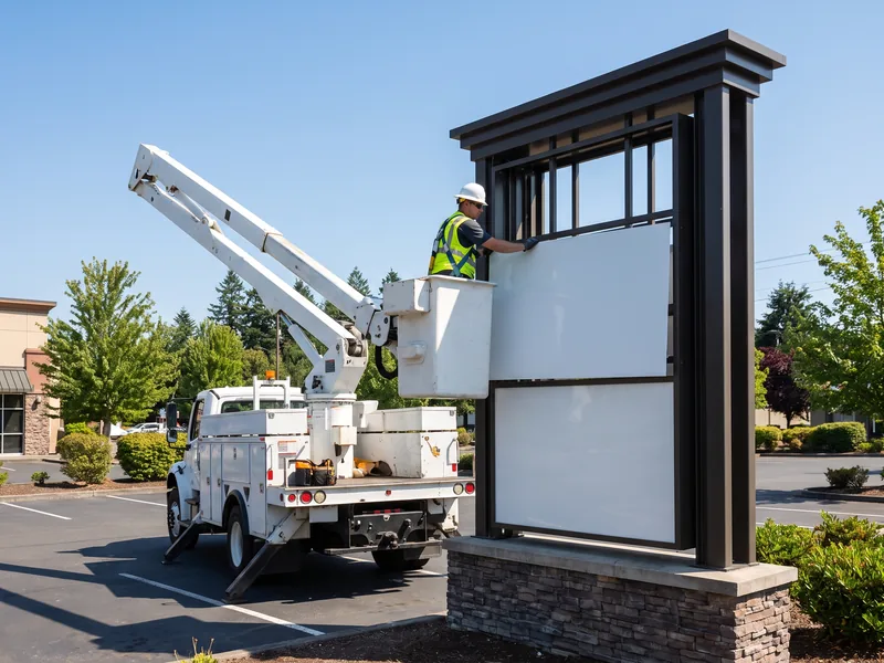 A sign technician in a bucket truck setting a new tenant panel into a multi-tenant pylon