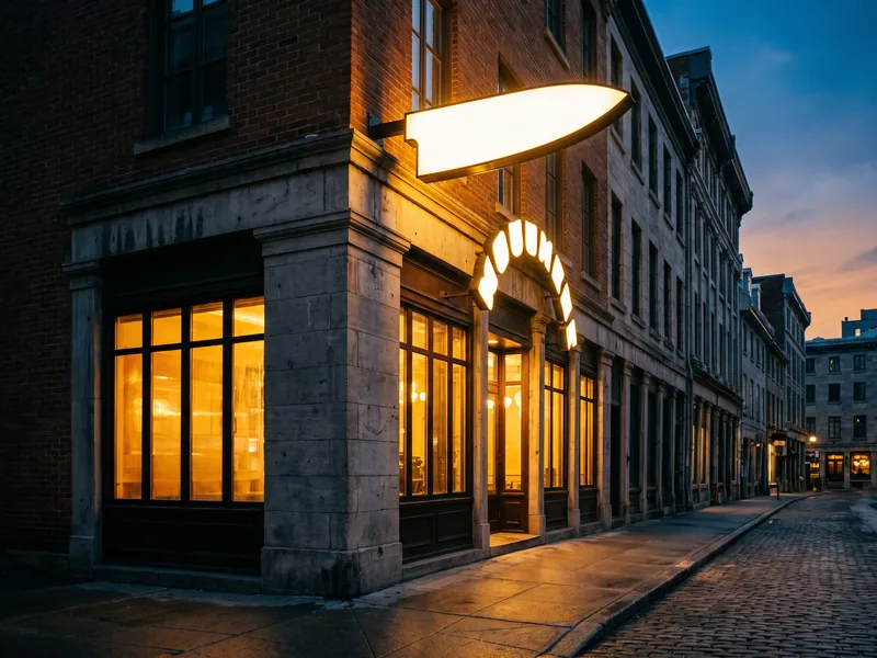 A corner restaurant at dusk with a lit projecting blade sign over the entrance