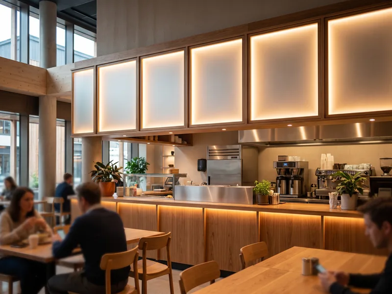 Backlit menu board panels mounted above the service counter of a fast-casual restaurant