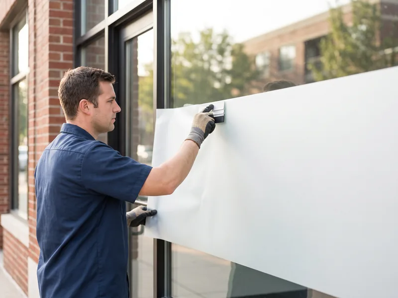 An installer smoothing a printed vinyl graphic onto a retail storefront window