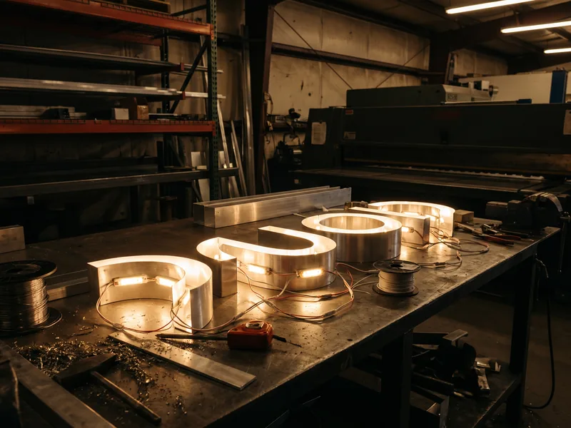 Channel letter housings on the bench in the VH shop before the faces go on
