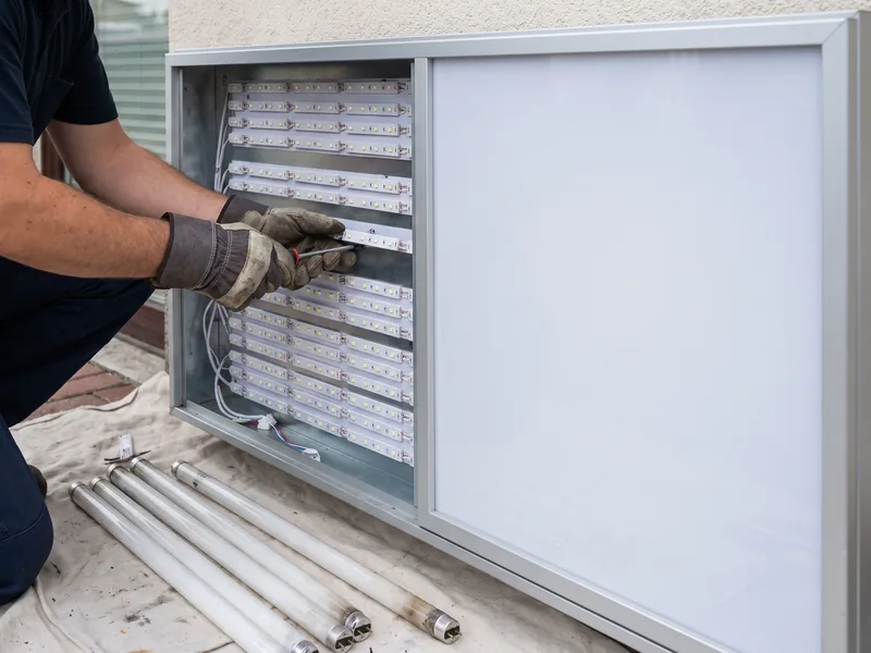A technician replacing fluorescent tubes with LED modules inside an opened sign cabinet