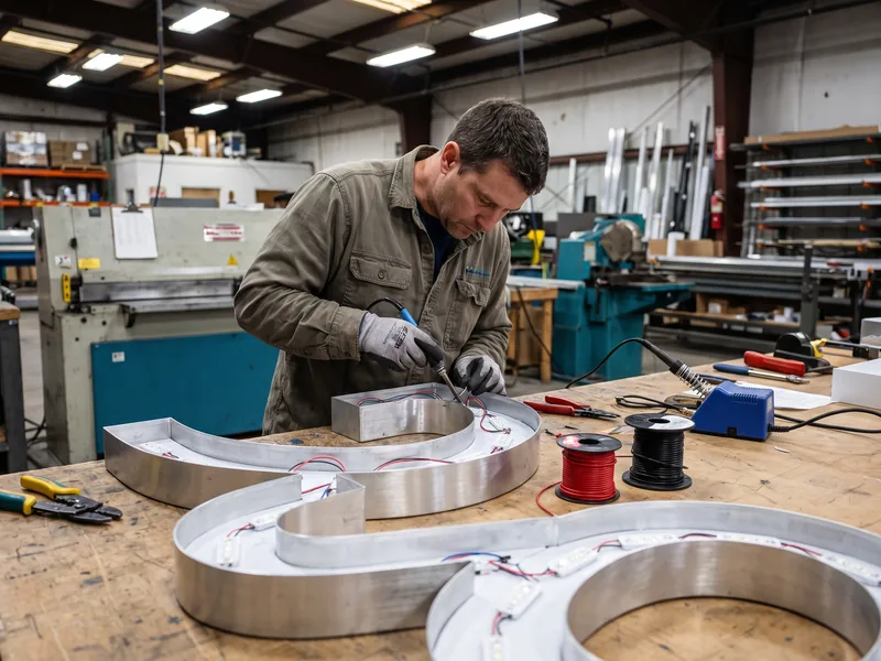 A fabricator wiring LED modules inside aluminum channel letter housings at a shop bench