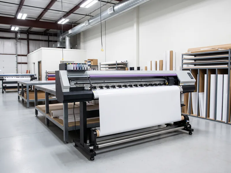 A wide-format roll printer running vinyl media in a sign fabrication shop
