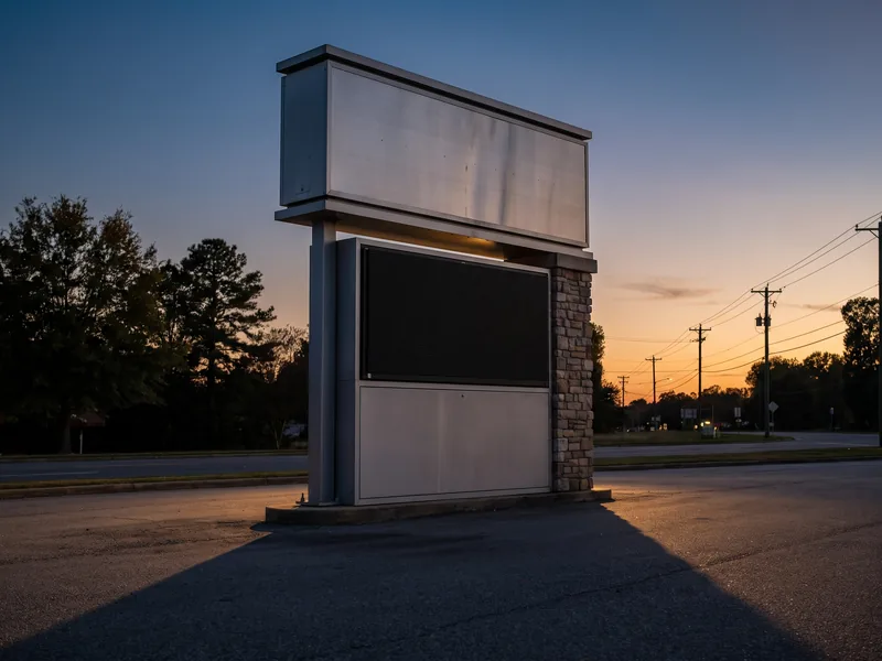 A freestanding sign structure with an electronic LED message display in its lower cabinet