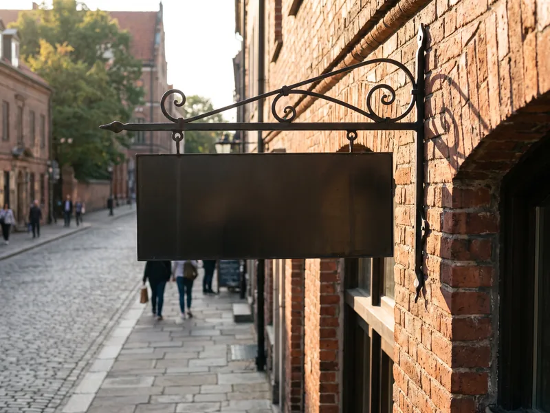 A double-sided projecting blade sign on an iron bracket mounted to a brick storefront