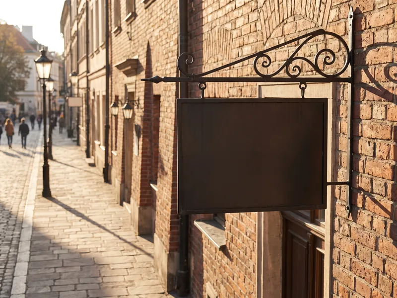 A blade sign hanging from a decorative iron bracket over a historic city sidewalk