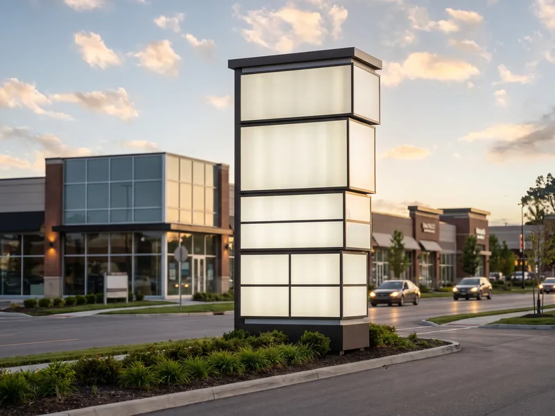 An illuminated multi-tenant pylon sign with blank tenant panels at a shopping center entrance