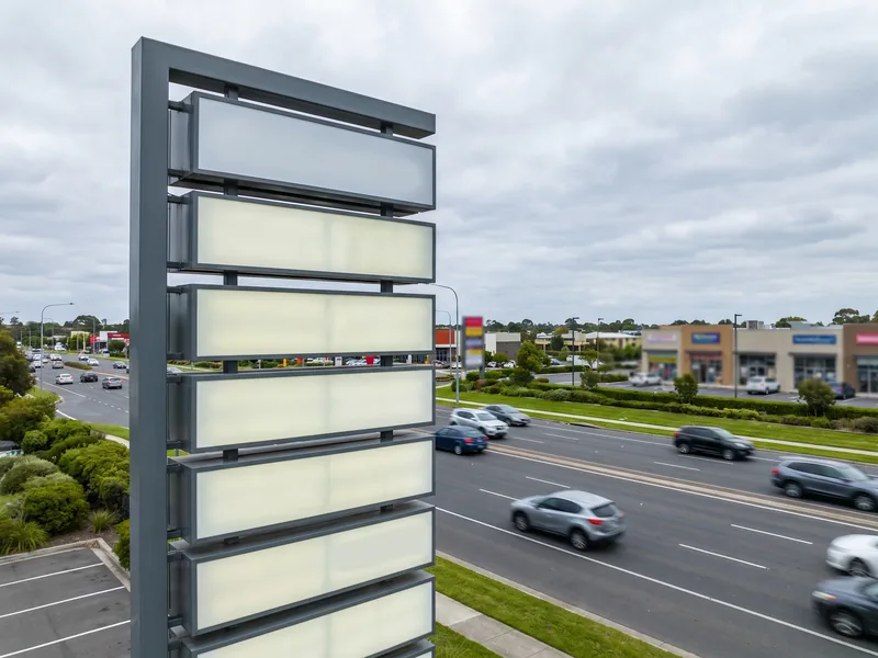 A multi-tenant pylon sign with stacked illuminated tenant panels beside a suburban commercial road